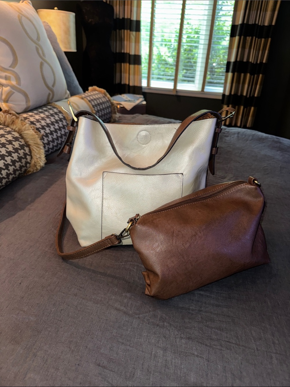 Vegan Leather Cream and Brown Two-Piece Shoulder Bag Set